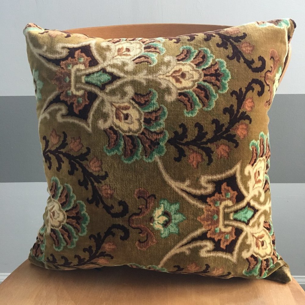 Handmade Vintage Yellow Ochre Velour Baroque Floral Zippered Throw Pillow